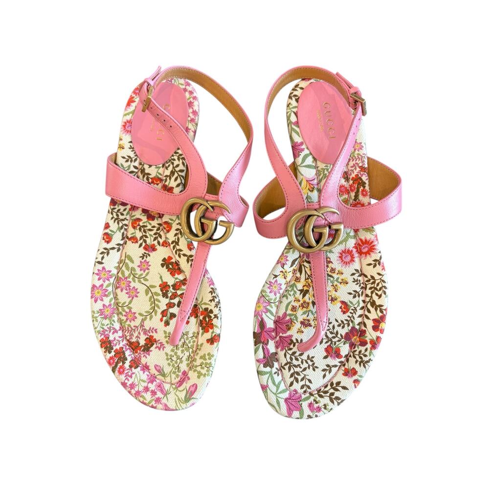 Gucci Double G Marmont Leather Floral Thong Flat Sandals Summer MISMATCHED 7/7.5